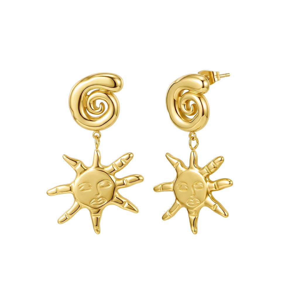 Stainless Steel Gold Plated Spiral Sun Face Dangle Drop Earrings