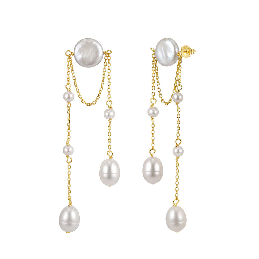 S925 Sterling Silver Tassel Chain Layered Pearl Earrings, Coin Pearl and Graduated Oval Pearls with Smooth Glossy Pearl Surface