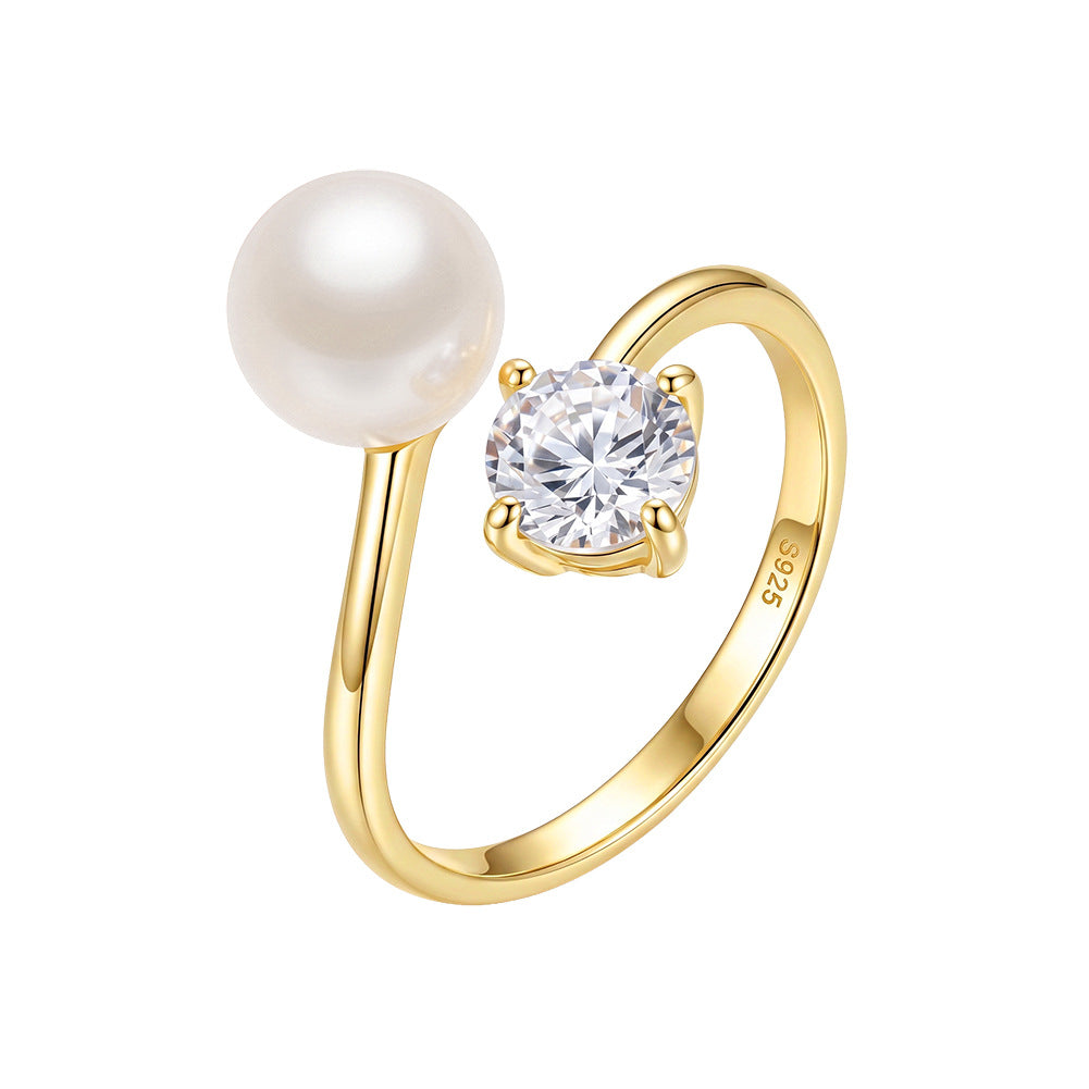 S925 Sterling Silver Open Cuff Ring, Big Smooth Round Pearl with Gentle Silky Luster and Single Brilliant Round Cut Zircon Accent