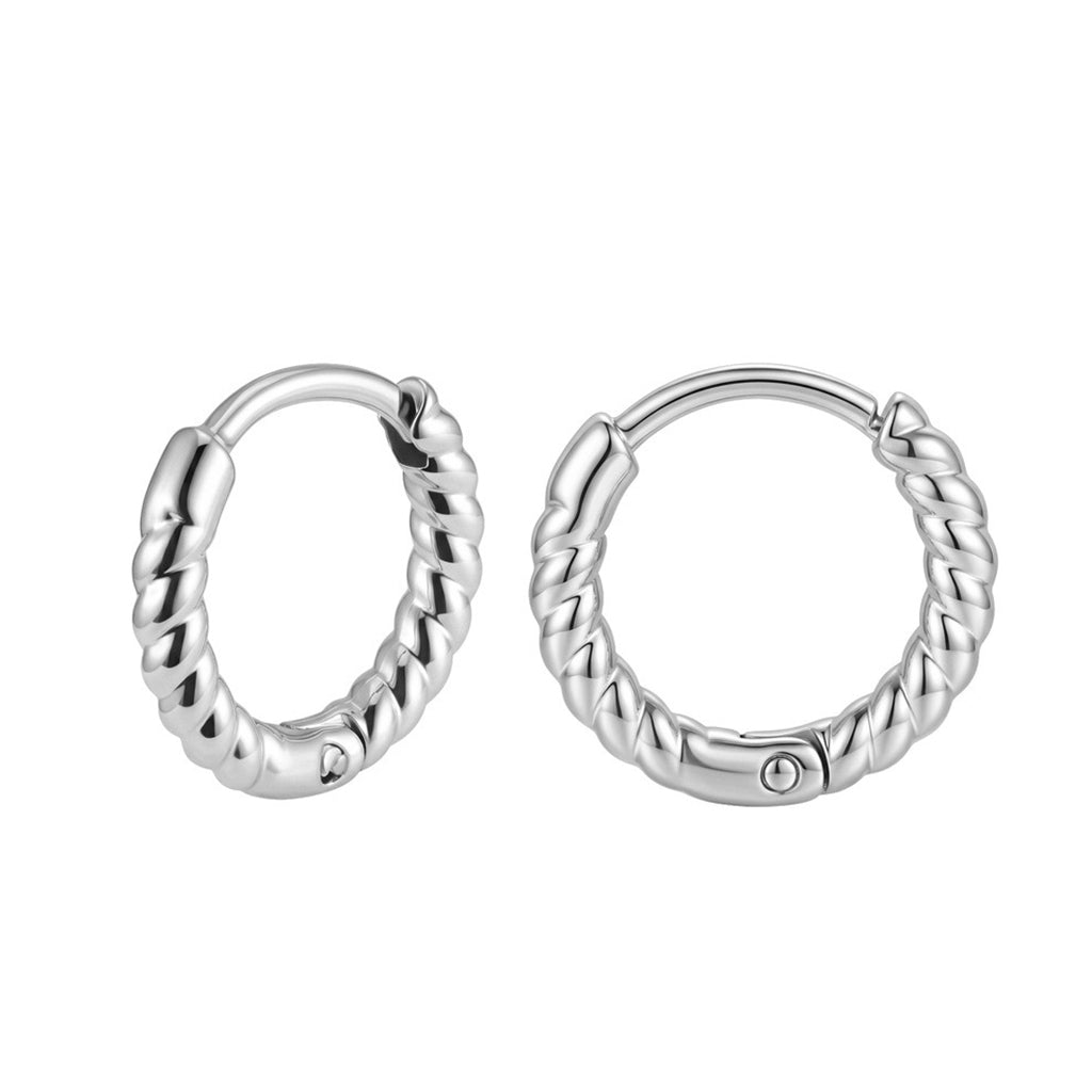 316 Stainless Steel Twisted Rope Texture Huggie Hoop Earrings, Thick Round Twisted Design, Polished Shiny Silver Surface, Snap Hinged Closure, Dainty Stackable Minimalist Hoop Earrings