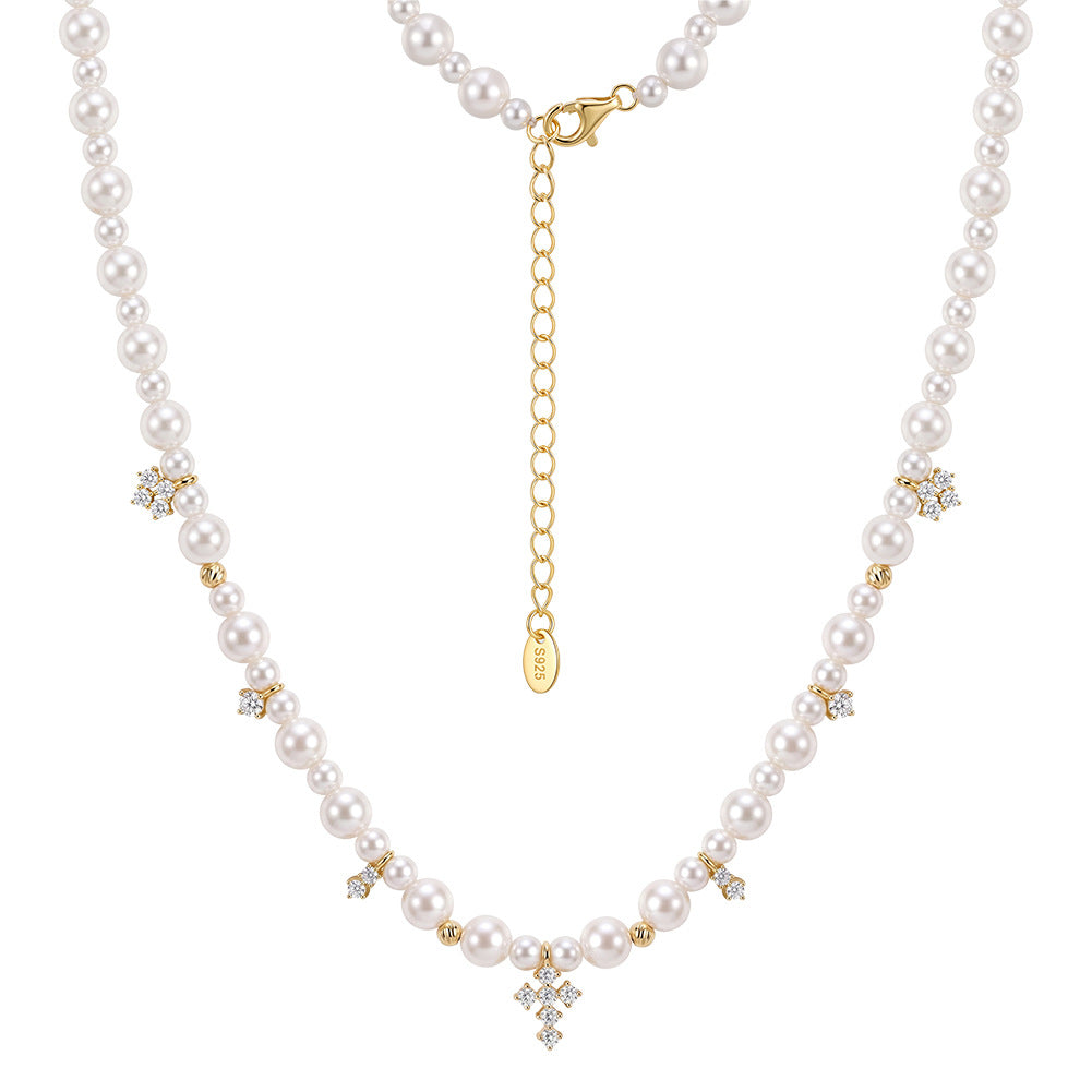 S925 Sterling Silver Graduated Grey Pearl Necklace, Round Glossy Grey Pearls with Soft Lustre Decorated with Sparkling Zircon Cross Charms