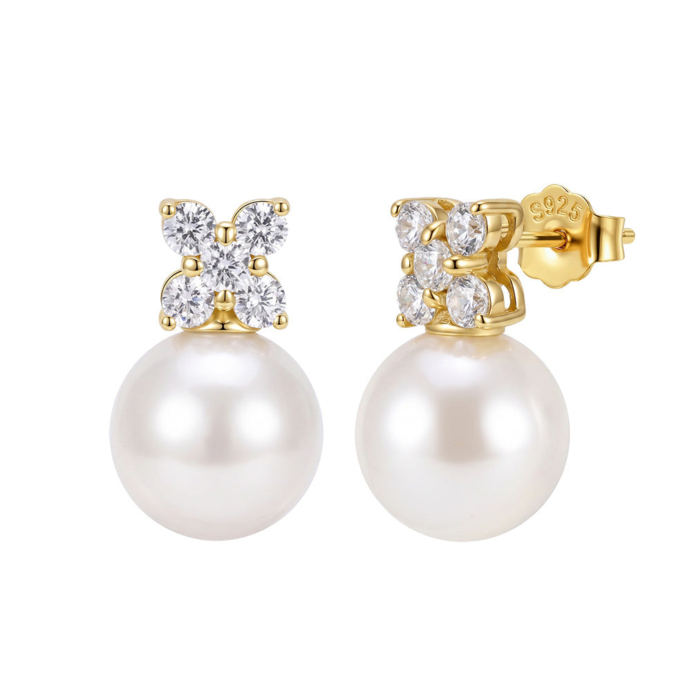S925 Sterling Silver Four CZ Flower Pearl Stud Earrings, Large Round Pearl with Bright Glossy Iridescent Luster