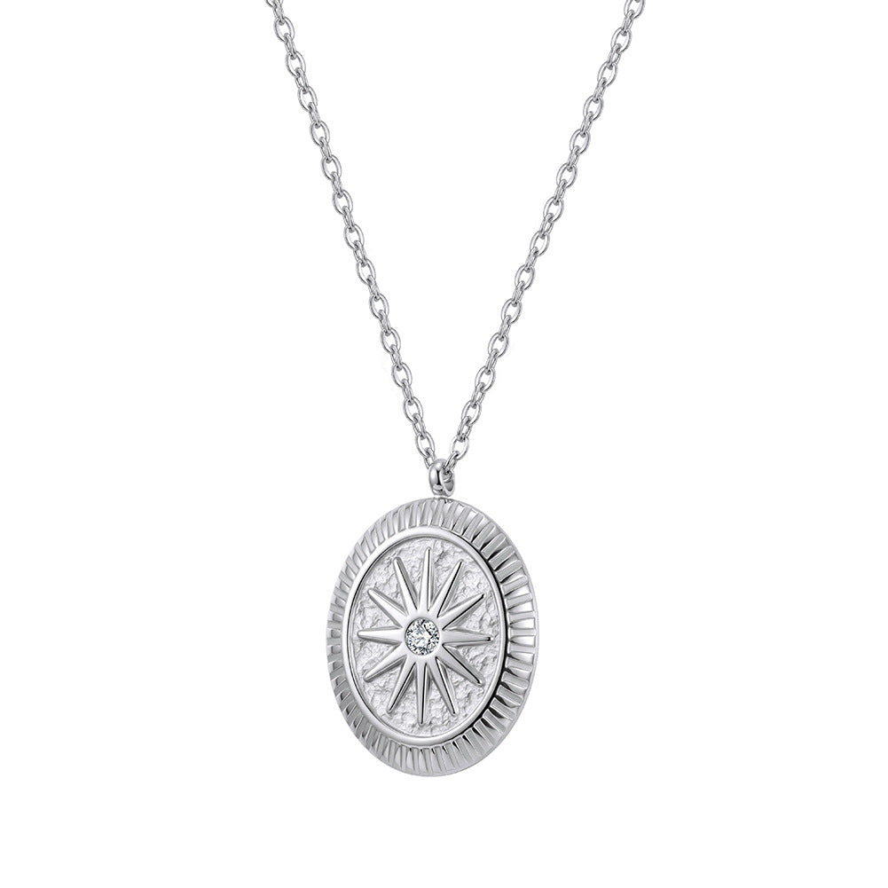 Stainless Steel Oval Sunburst Medallion Necklace, Textured Oval Sunburst Pendant with Central Sparkling CZ Stone, Vintage Hammered Surface Design