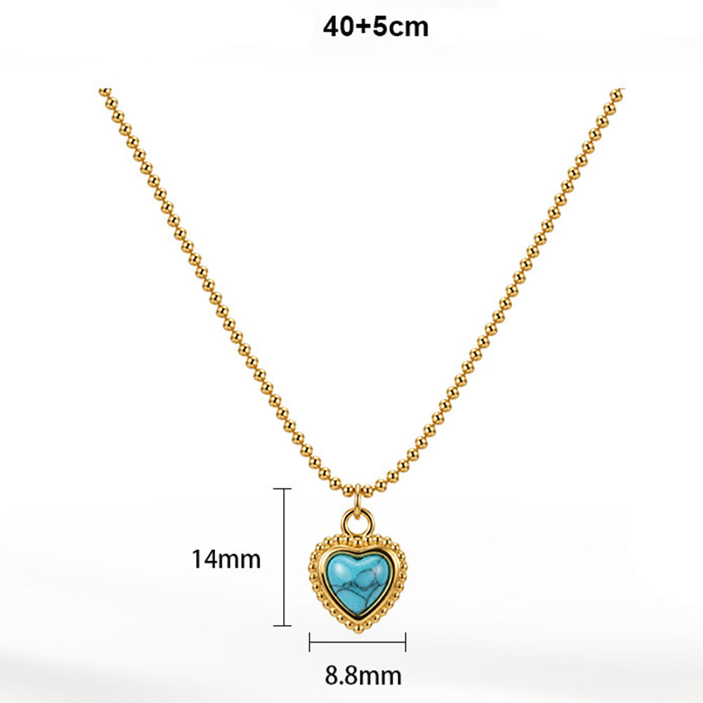 Stainless Steel Heart Turquoise Beaded Ball Chain Necklace, Heart Shaped Turquoise Stone with Natural Cracked Texture and Beaded Silver Border