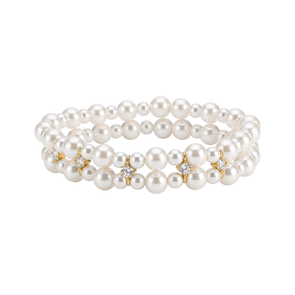 S925 Sterling Silver Triple Strand Grey Pearl Bracelet, Smooth Round Grey Pearls with Muted Metallic Lustre and Zircon Accents