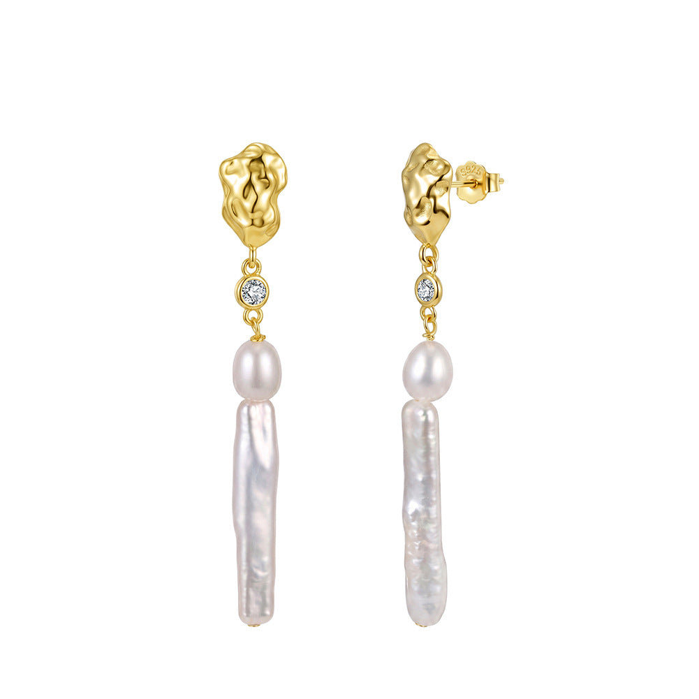 S925 Sterling Silver Long Biwa Pearl Dangle Earrings, Oval Rice Pearl and Elongated Baroque Biwa Pearl with Soft Creamy Natural Sheen