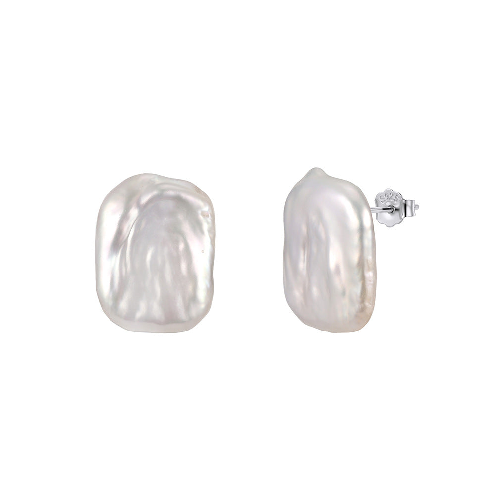S925 Sterling Silver Rectangle Baroque Pearl Stud Earrings, Chunky Irregular Rectangle Baroque Pearl with Shimmering Natural Orient