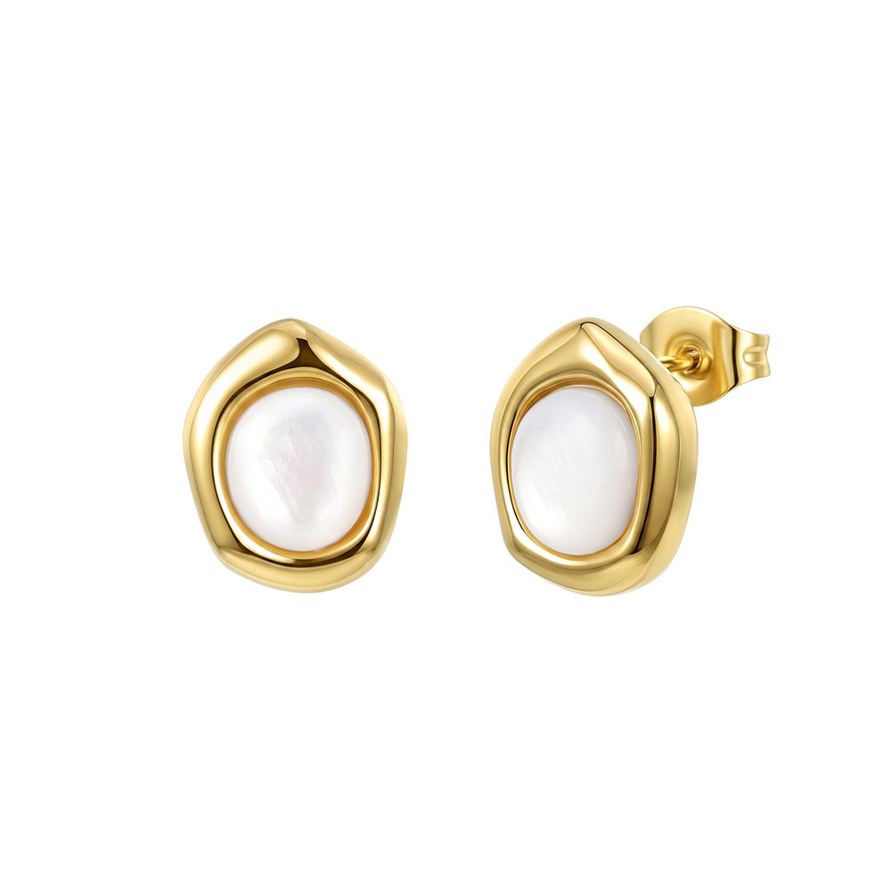 Stainless Steel Irregular Bezel White Shell Pearl Stud Earrings