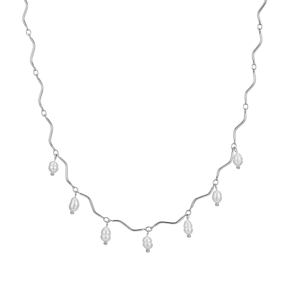 S925 Sterling Silver Wavy Chain Choker Necklace, Dainty Cascading Baroque Freshwater Pearl Drop Charms with Natural Iridescent Luster
