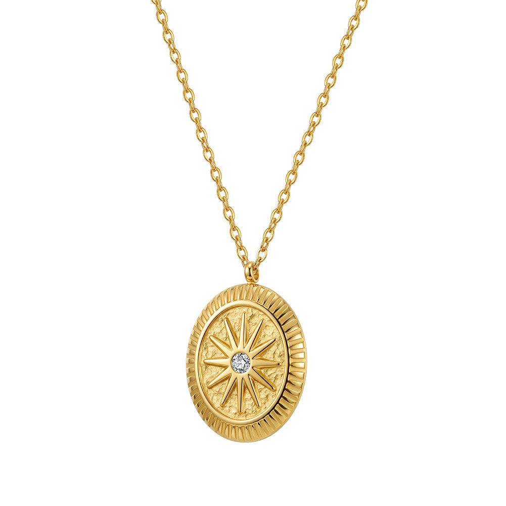Stainless Steel Oval Sunburst Medallion Necklace, Textured Oval Sunburst Pendant with Central Sparkling CZ Stone, Vintage Hammered Surface Design