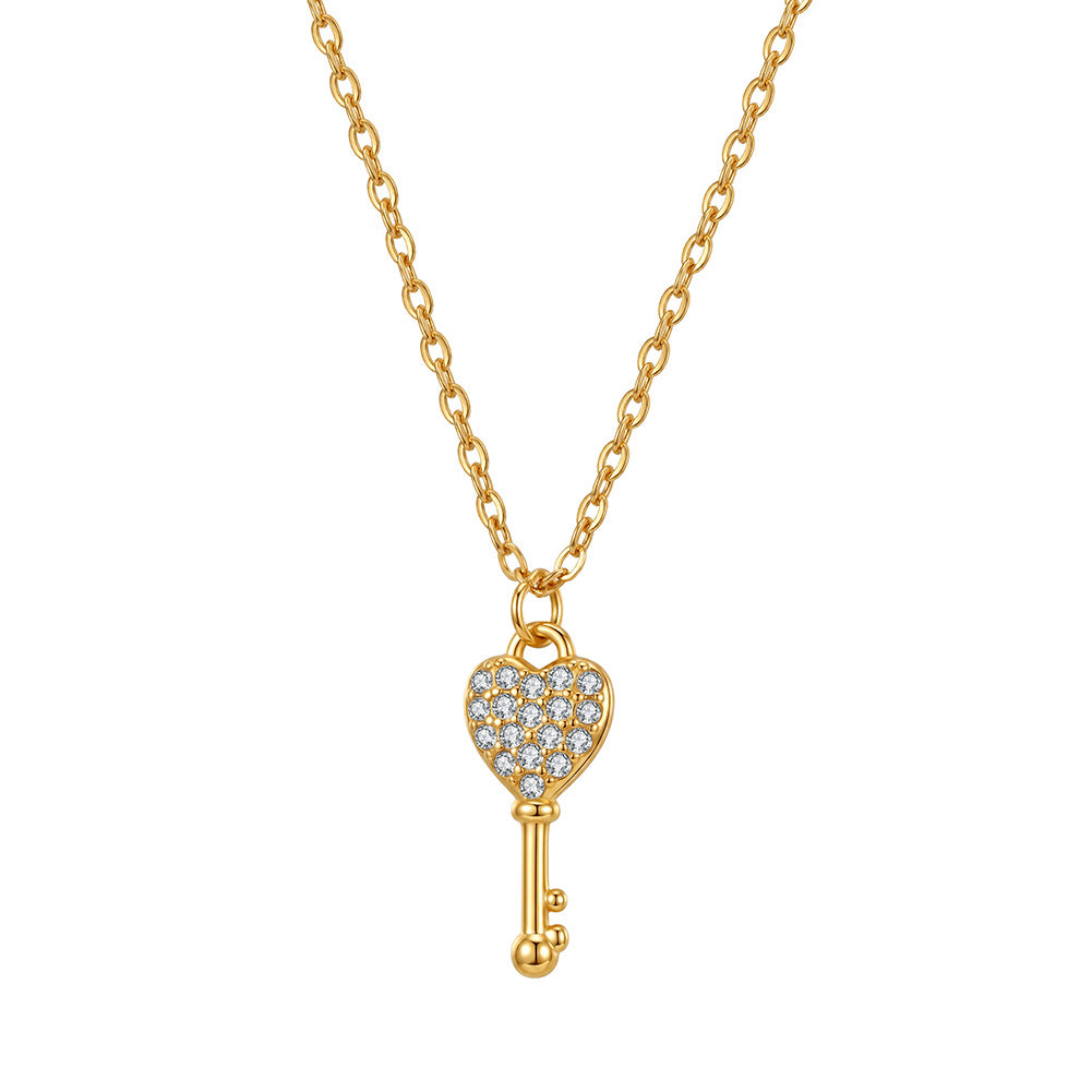 Stainless Steel Paved CZ Heart Key Necklace, Delicate Key Pendant Fully Paved with Tiny Sparkling Clear Cubic Zirconia