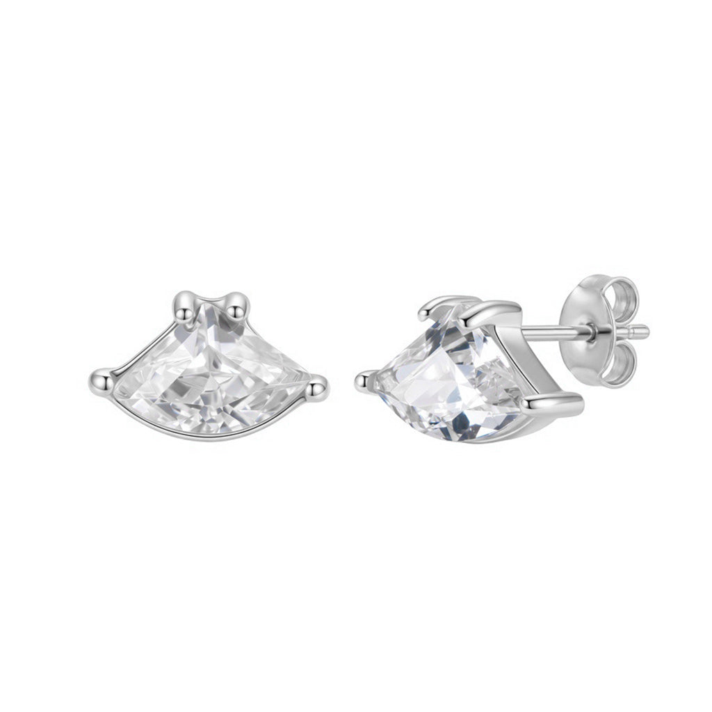 316 Stainless Steel Fan Shaped Cubic Zirconia Stud Earrings, Three Prong Setting, Large Brilliant Cut CZ Stone, Glossy Polished Surface, Classic Butterfly Clasp Backs, Elegant Statement Stud Earrings