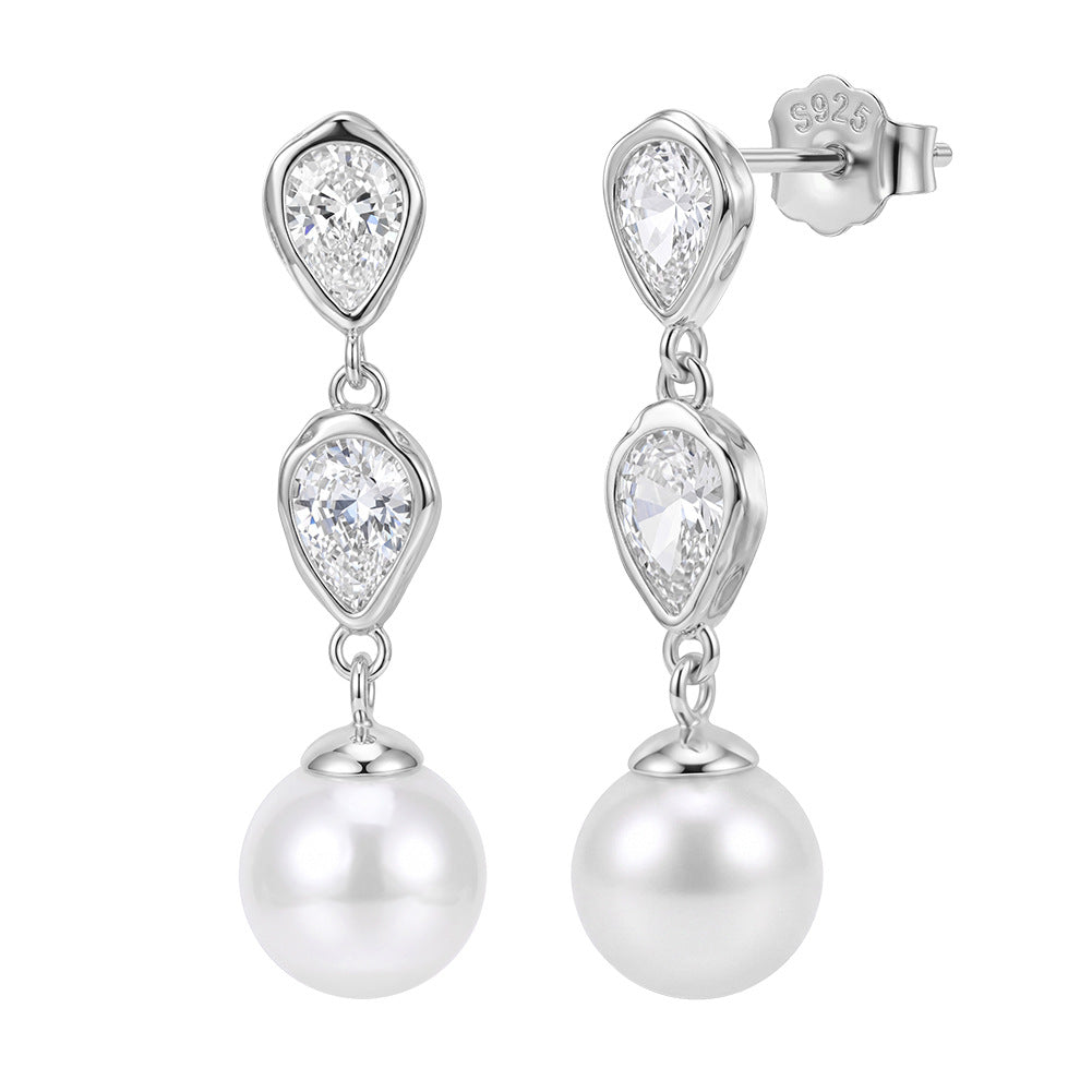 S925 Sterling Silver Double Teardrop Zircon Pearl Dangle Earrings, Big Round Pearl with Gentle Silky Sheen