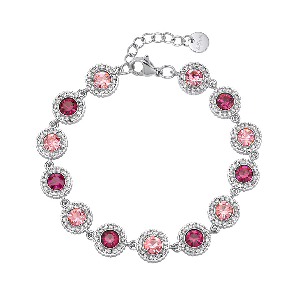 Stainless Steel Pink and Magenta Two-Tone Round CZ Halo Bracelet, Sunflower Halo Cubic Zirconia Bracelet