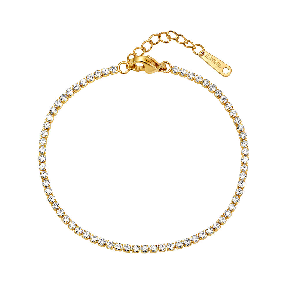 Stainless Steel Dainty Round CZ Tennis Bracelet, Thin Sparkling Clear Cubic Zirconia Stackable Bracelet
