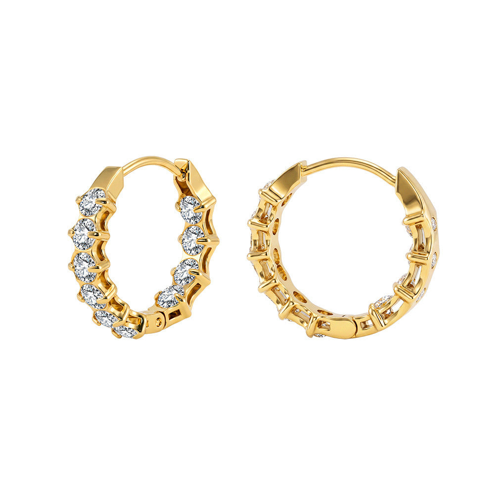 316 Stainless Steel Round Brilliant CZ Paved Huggie Hoop Earrings, Alternating Round Cubic Zirconia Prong Set, Hollow Open Frame Design, Hinged Snap Lock, Dainty Sparkling Inlaid Hoop Earrings