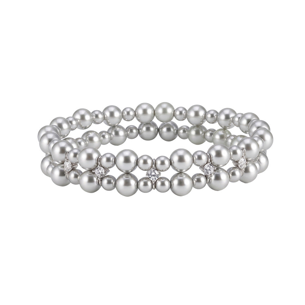 S925 Sterling Silver Triple Strand Grey Pearl Bracelet, Smooth Round Grey Pearls with Muted Metallic Lustre and Zircon Accents