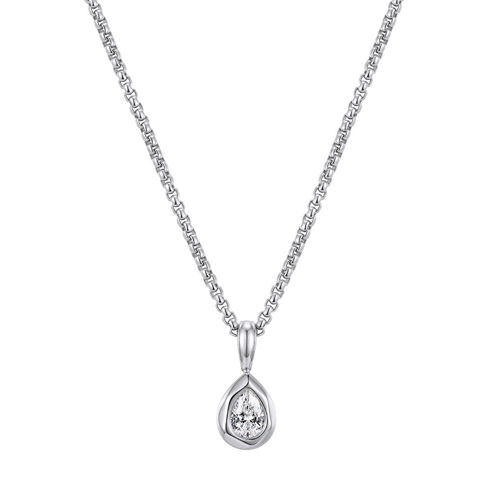 Stainless Steel Teardrop Cubic Zirconia Pendant Necklace, Sparkling Teardrop Cut CZ Stone Bezel Set in Smooth Silver Frame