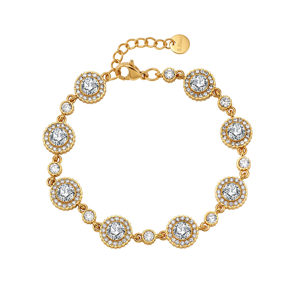 Stainless Steel Clear CZ Halo Station Bracelet, Large Round Halo Zirconia with Small Accent Stone Bracelet