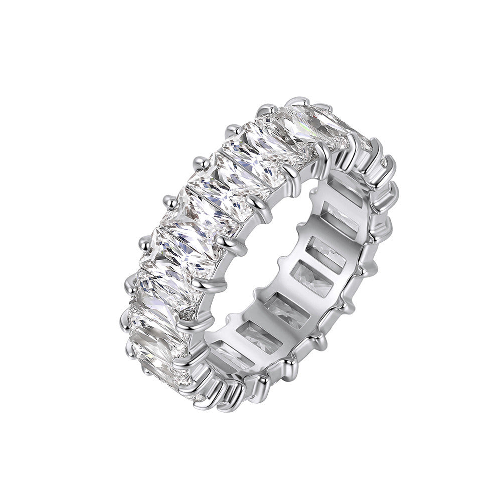 316 Stainless Steel Full Eternity Band Ring, Prong Set Rectangular Emerald Cut Cubic Zirconia All Around, Polished Shiny Finish, Stackable Sparkling Wedding Band for Women
