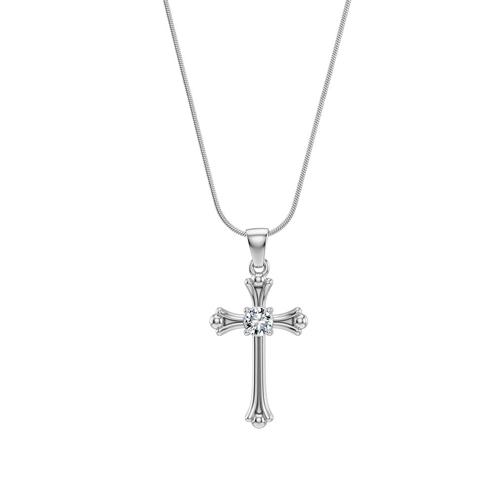 Stainless Steel Vintage CZ Cross Necklace, Retro Ornate Cross with Central Round Cubic Zirconia, Classic Thin Snake Chain