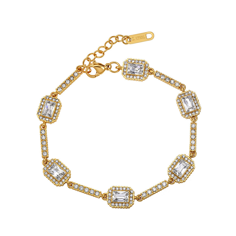 Stainless Steel Emerald Cut CZ Halo Station Bracelet, Rectangular Baguette Halo Zirconia Chain Bracelet