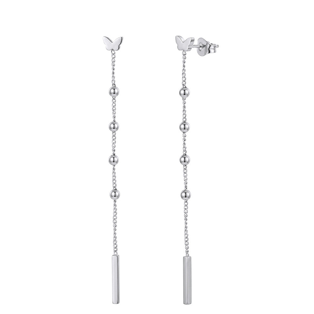 Stainless Steel Butterfly Long Drop Earrings with Beaded Chain and Vertical Bar Charm