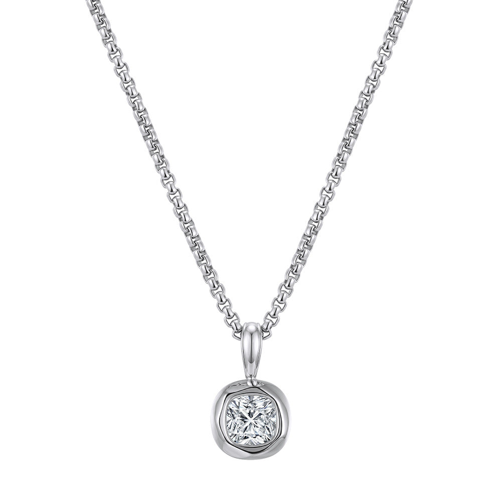 Stainless Steel Cushion Cut Cubic Zirconia Necklace, Brilliant Cushion CZ Stone with Bright Sparkle Bezel Set in Soft Round Silver Setting