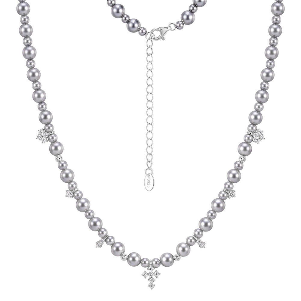 S925 Sterling Silver Graduated Grey Pearl Necklace, Round Glossy Grey Pearls with Soft Lustre Decorated with Sparkling Zircon Cross Charms