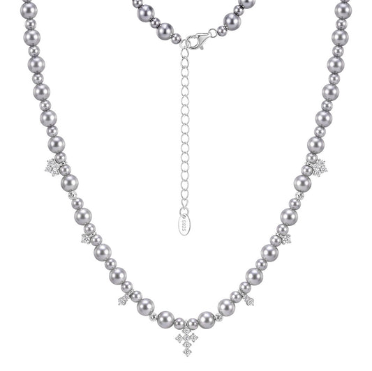 S925 Sterling Silver Graduated Grey Pearl Necklace, Round Glossy Grey Pearls with Soft Lustre Decorated with Sparkling Zircon Cross Charms