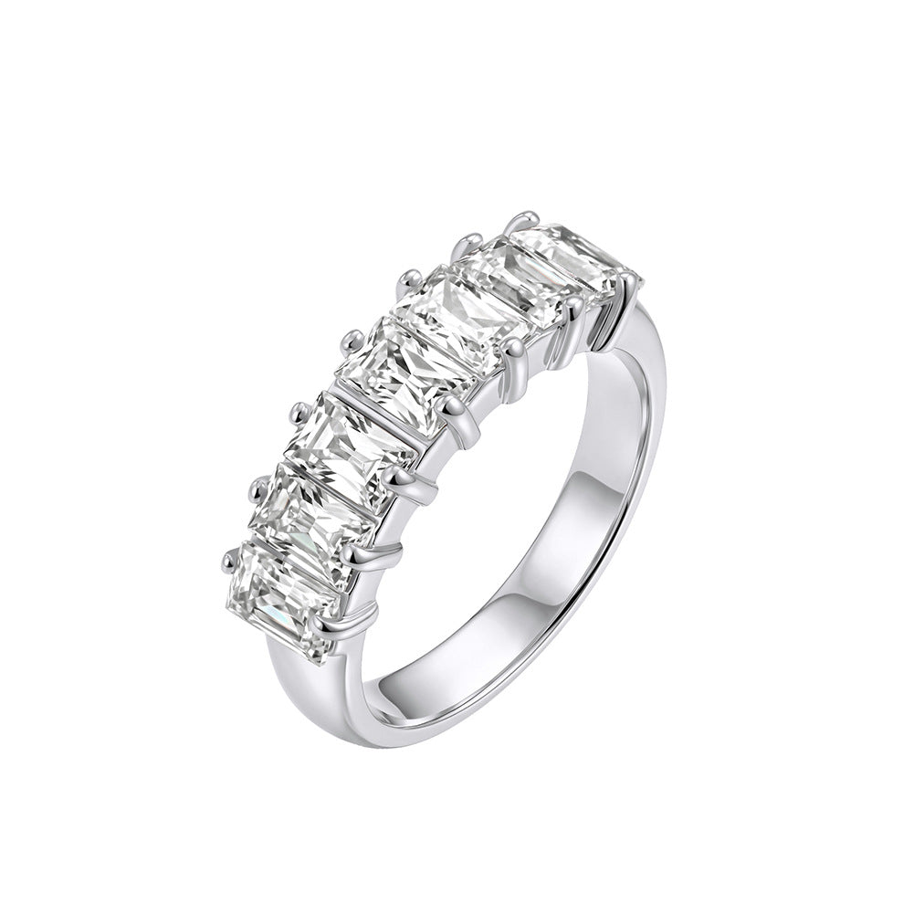 Stainless Steel Rectangle Emerald Cut CZ Five Stone Eternity Band Ring
