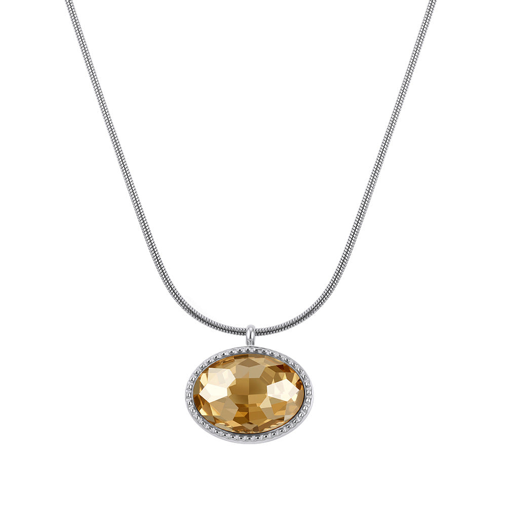 Stainless Steel Oval Champagne Crystal Snake Chain Necklace, Large Faceted Oval Champagne Crystal Stone Set in Delicate Beaded Rim, Sleek Snake Chain