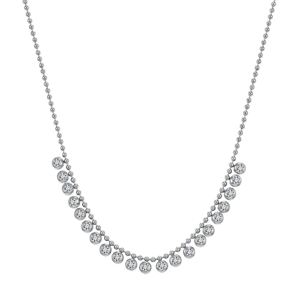 Stainless Steel Beaded CZ Station Necklace, Graduated Round Bezel Set Clear Cubic Zirconia on Fine Ball Chain, Sparkling Curved Choker