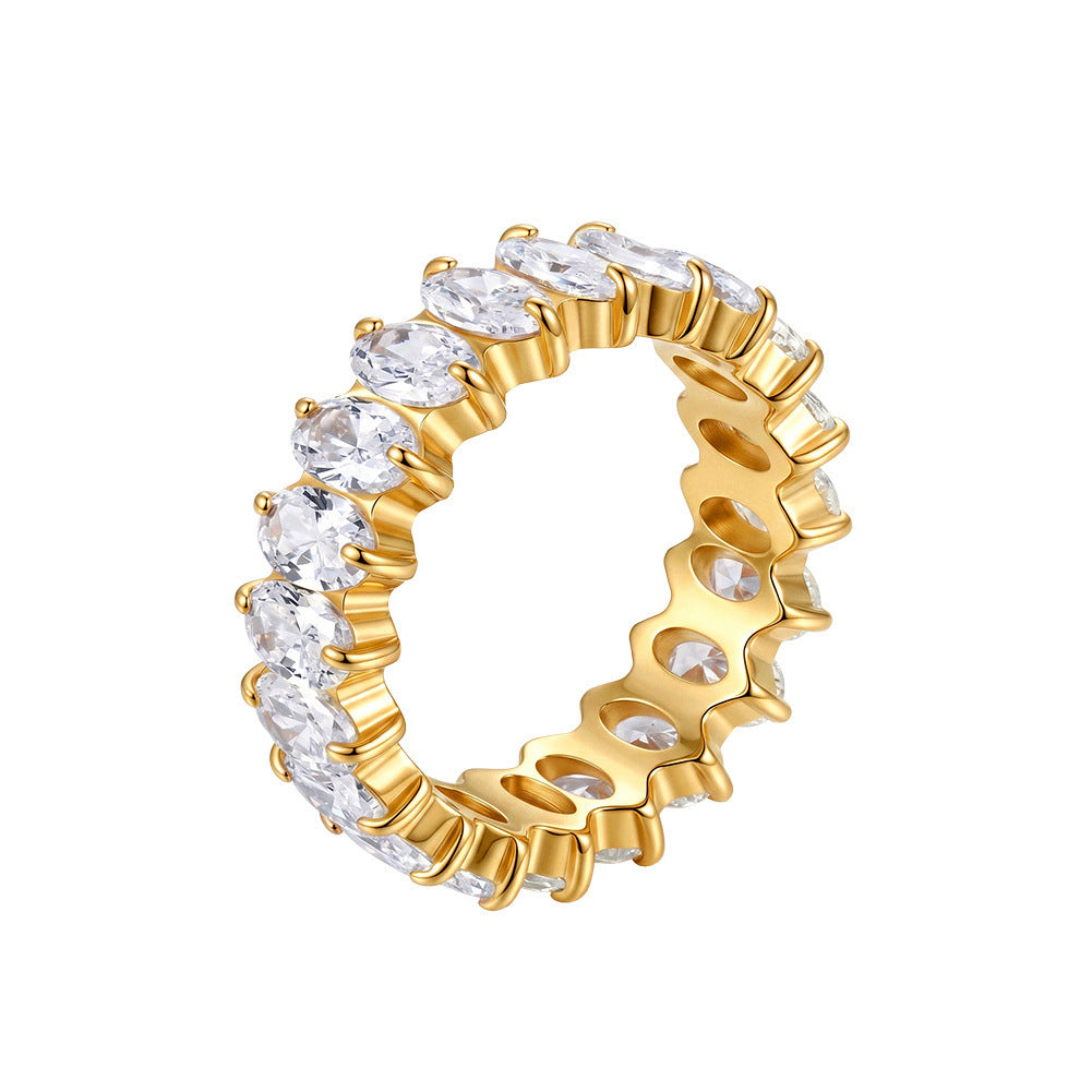 316 Stainless Steel Full Eternity Band Ring, Prong Set Oval Cut Cubic Zirconia All Around, Smooth Polished Surface, Hollow Inner Design, Glamour Stackable Statement Ring for Women