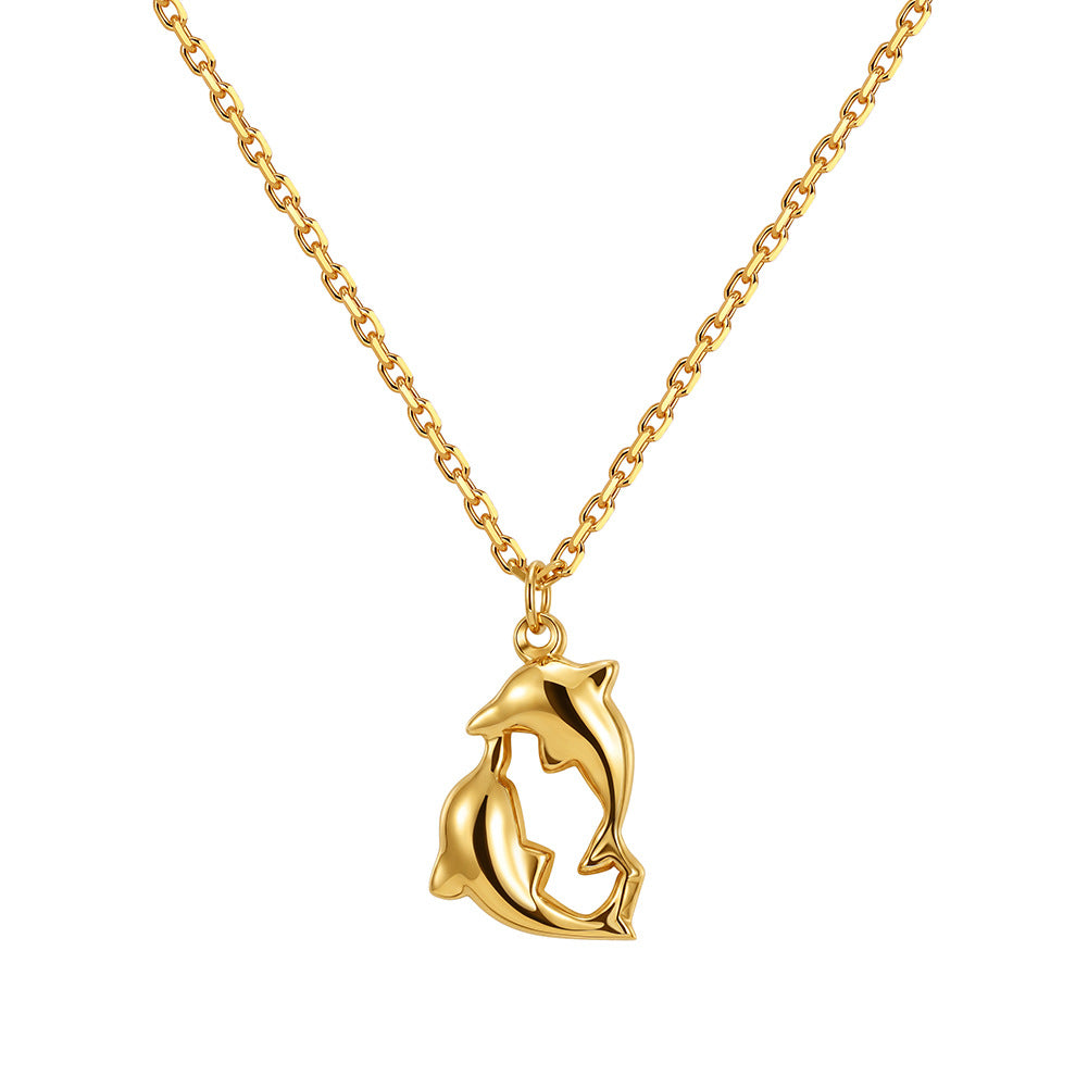 Stainless Steel Double Dolphin Pendant Necklace, Polished Intertwined Twin Dolphin Charm, Minimalist Ocean Animal Necklace