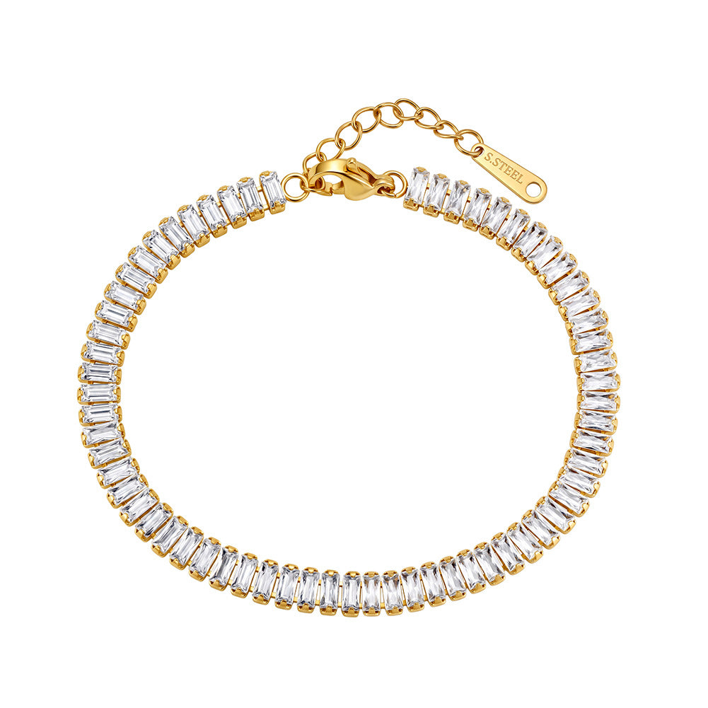 Stainless Steel Full Baguette CZ Tennis Bracelet, Continuous Rectangular Clear Cubic Zirconia Bracelet