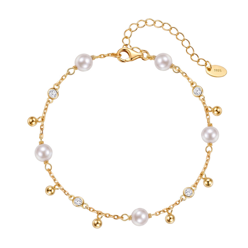 S925 Sterling Silver Dainty Pearl Bracelet, Creamy Round Pearls with Gentle Iridescent Luster, Tiny Zircon and Silver Ball Charms