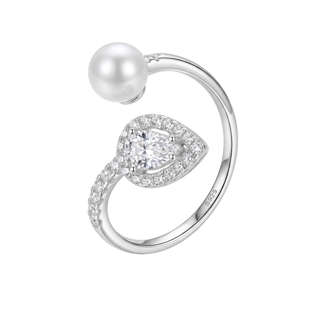 S925 Sterling Silver Open Cuff Ring, Large Glossy Round Pearl with Bright Iridescent Luster Matched with Teardrop Shaped Paved Zircon