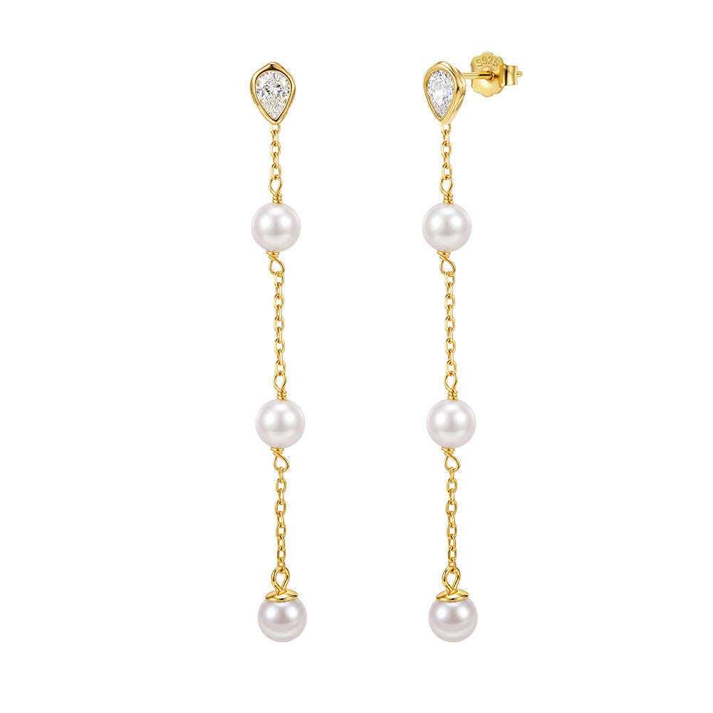 S925 Sterling Silver Long Chain Pearl Drop Earrings, Three Uniform Round Pearls with Delicate Soft Luster Suspended Below Teardrop Cut Zircon