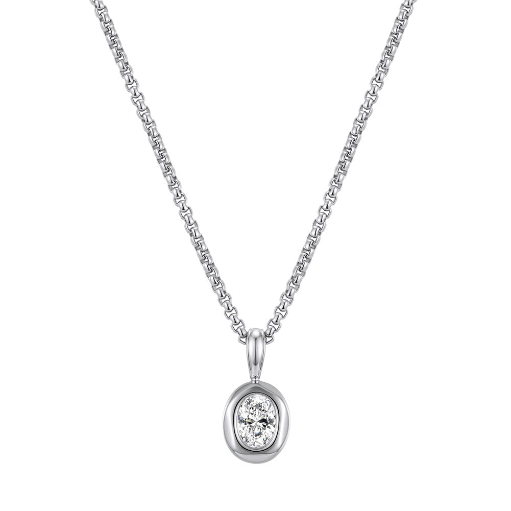 Stainless Steel Oval Cubic Zirconia Pendant Necklace, Shining Oval Cut CZ Stone Bezel Set in Polished Smooth Silver Bezel