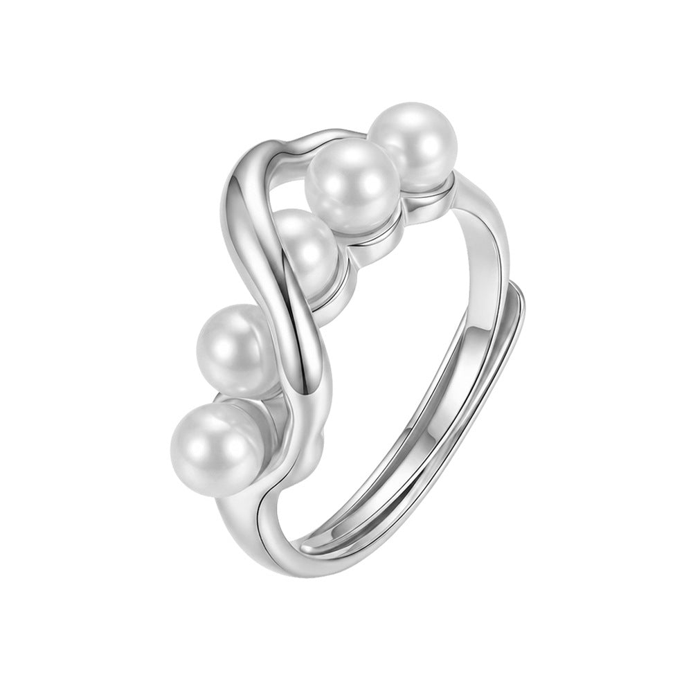 S925 Sterling Silver Intertwined Open Ring, Five Smooth Round Pearls with Rich Creamy Luster on Twisted Polished Silver Band