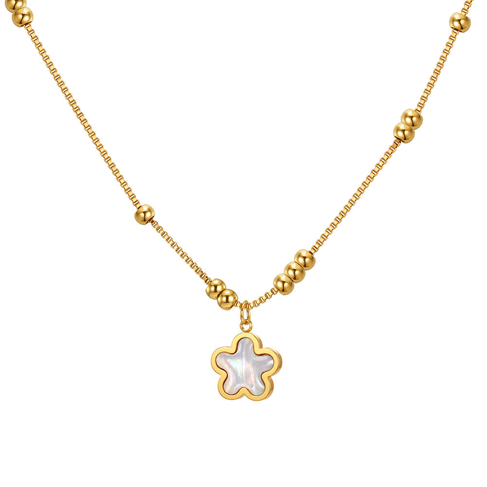 Stainless Steel Flower Mother of Pearl Box Chain Necklace, Five-Petal Flower Pendant with Shimmering Iridescent Mother of Pearl Inlay