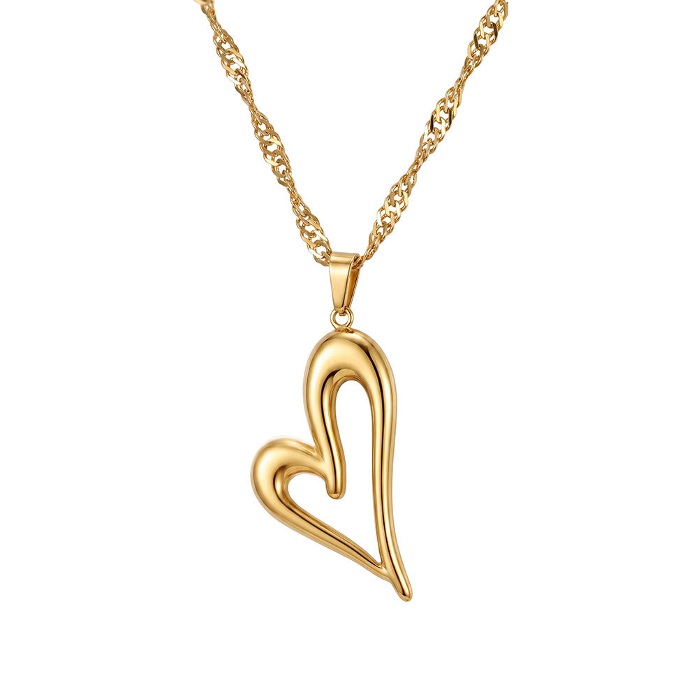 Stainless Steel Open Hollow Heart Pendant Necklace, Polished Abstract Hollow Heart Charm with Smooth Curved Lines, Thick Curb Chain