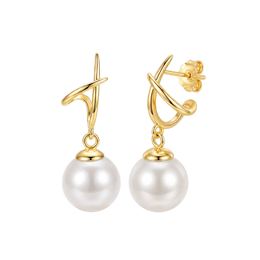 S925 Sterling Silver Twisted Cross Hook Pearl Drop Earrings, Smooth Round Pearl with Soft Creamy Luster