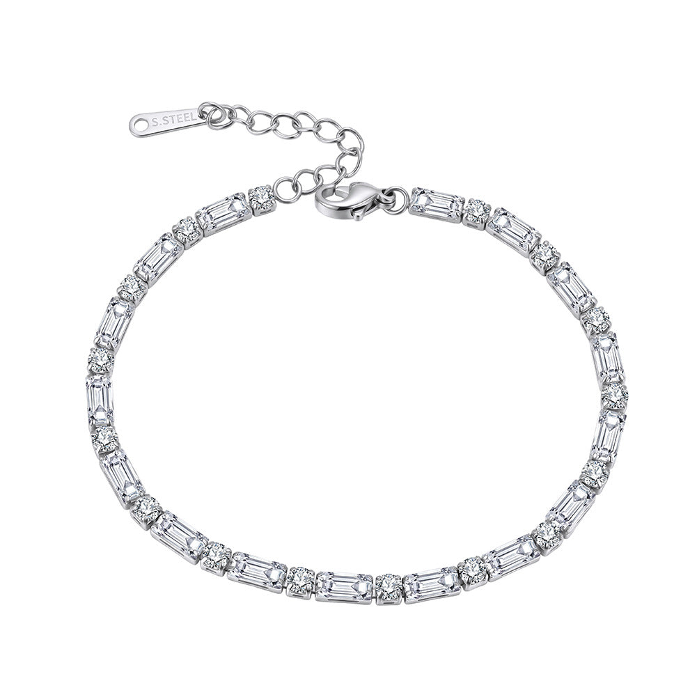 Stainless Steel Baguette and Round CZ Alternating Tennis Bracelet, Rectangular Clear Zirconia Link Bracelet