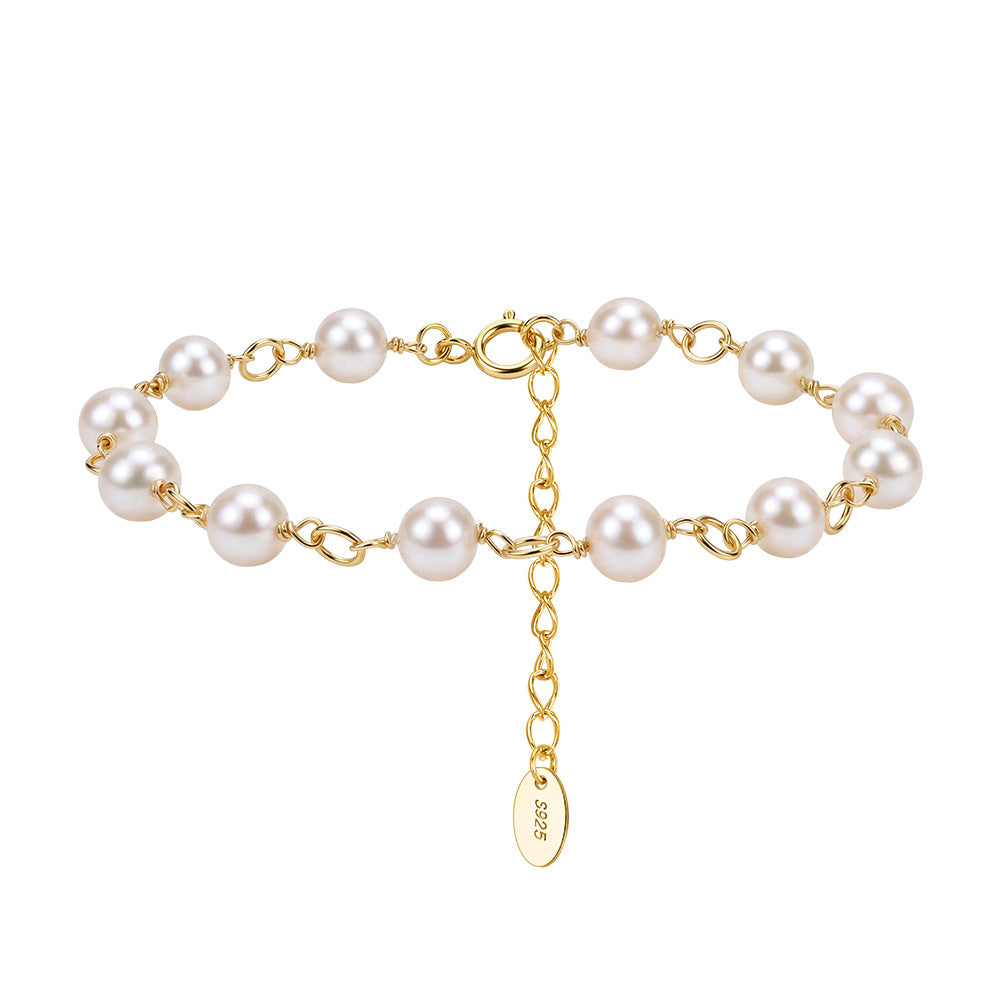 S925 Gold Plated S925 Sterling Silver Pearl Bracelet, Uniform Round Cream Pearls with Bright Elegant Lustre on Chunky Gold Chain