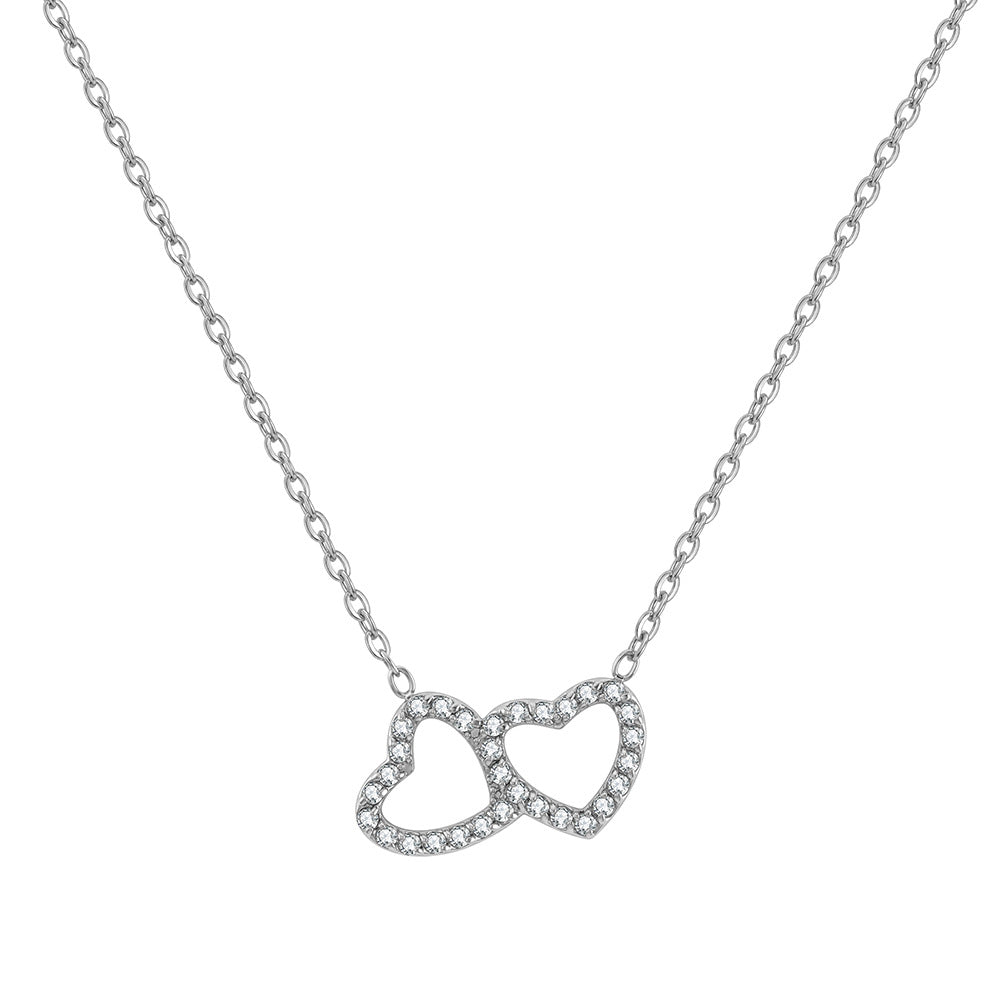 Stainless Steel Interlocking Double Heart Necklace, Two Overlapping Hollow Hearts Fully Paved with Shiny Clear Cubic Zirconia, Romantic Linked Heart Pendant