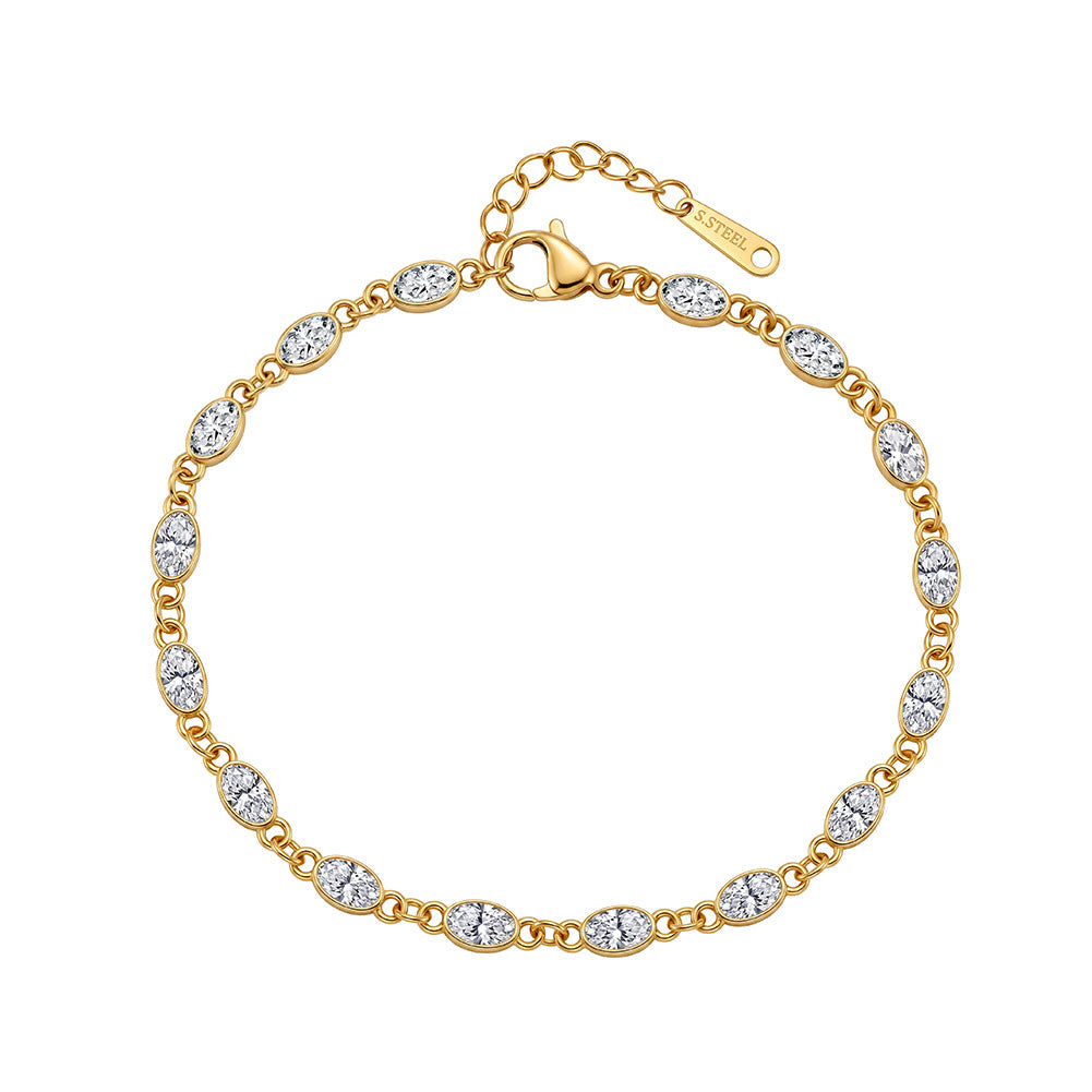Stainless Steel Oval CZ Station Bracelet, Bezel Set Oval Clear Cubic Zirconia Dainty Chain Bracelet