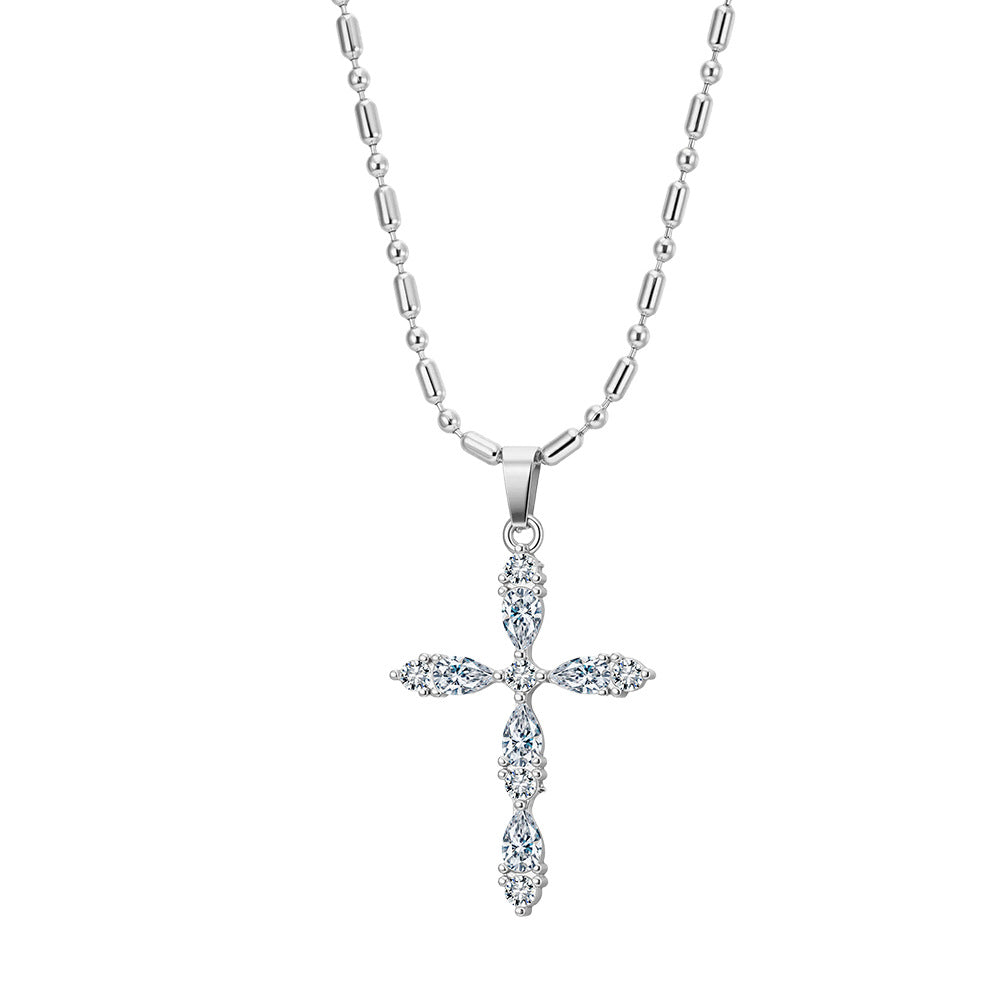 Stainless Steel Marquise CZ Cross Necklace, Marquise Cut CZ Stone Cross Pendant, Mixed Ball and Tube Beaded Station Chain