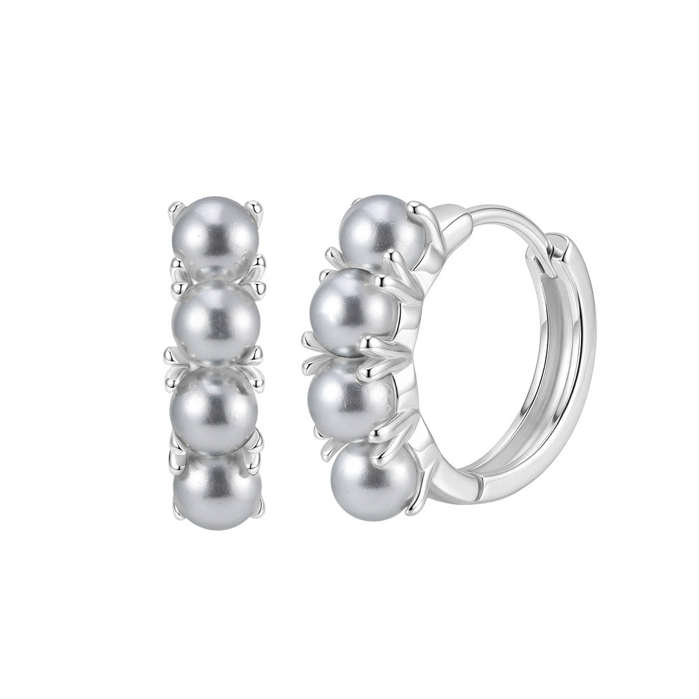 S925 Sterling Silver Grey Pearl Huggie Hoop Earrings, Four Graduated Round Pearls with Muted Smoky Luster
